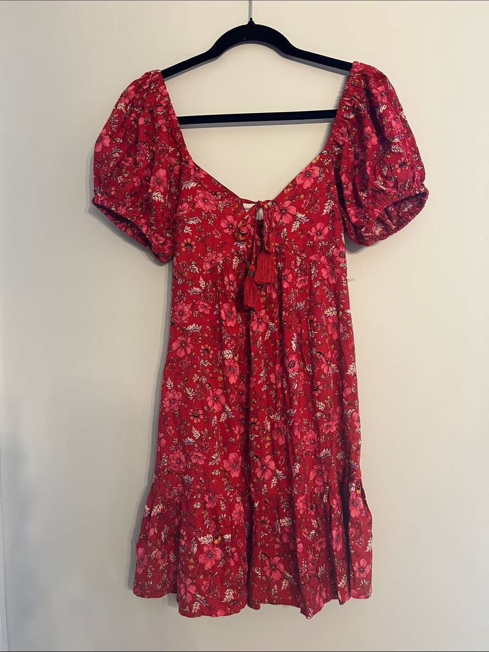 Band of The Free Red Floral Tie-Front Mini Dress with Puff Sleeves